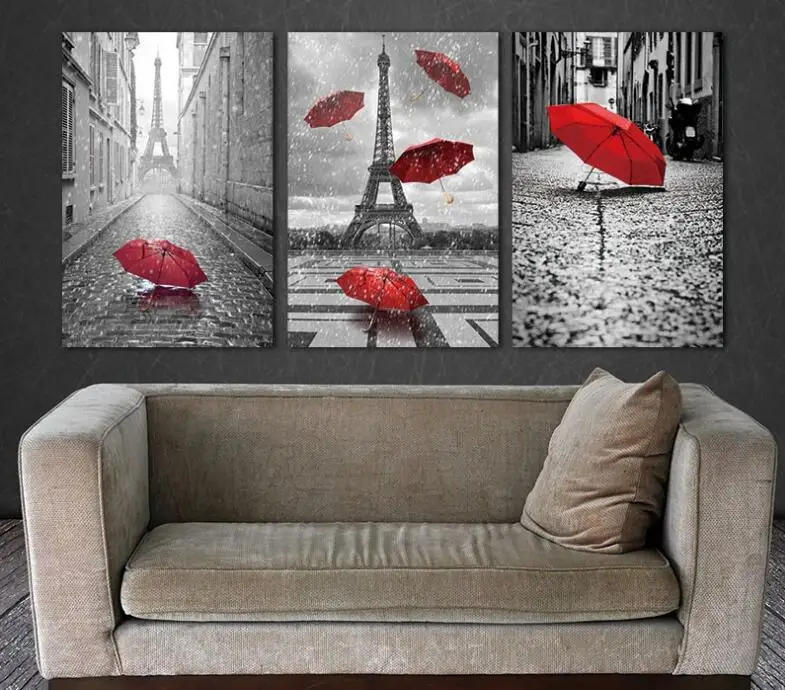 red umbrella raining day pairs landmark Unframed 3 Panel Wall Canvas
