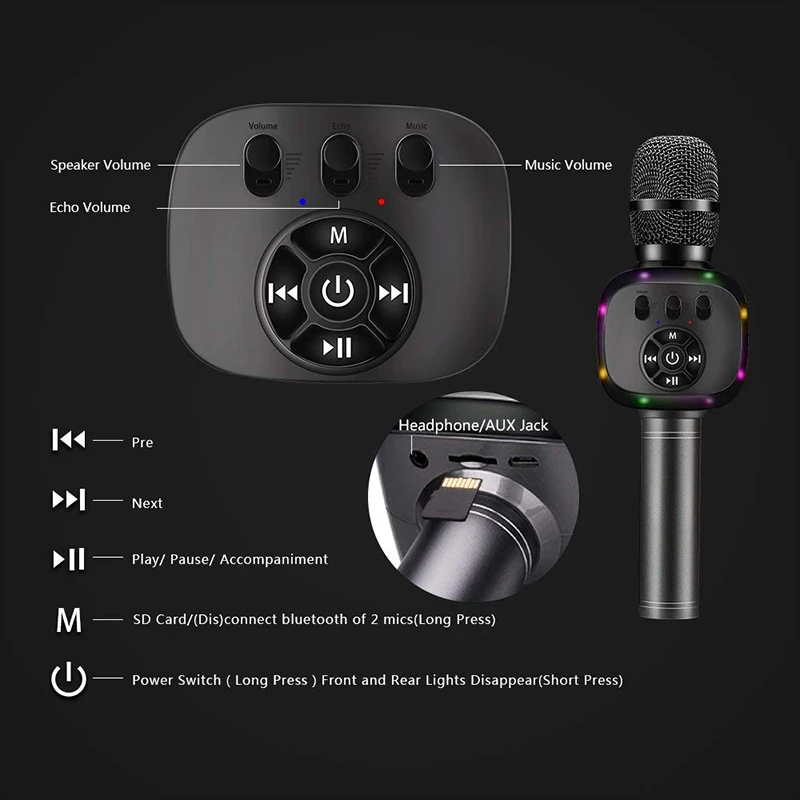Беспроводной Bluetooth караоке микрофон со светодио дный подсветкой двойной Sing