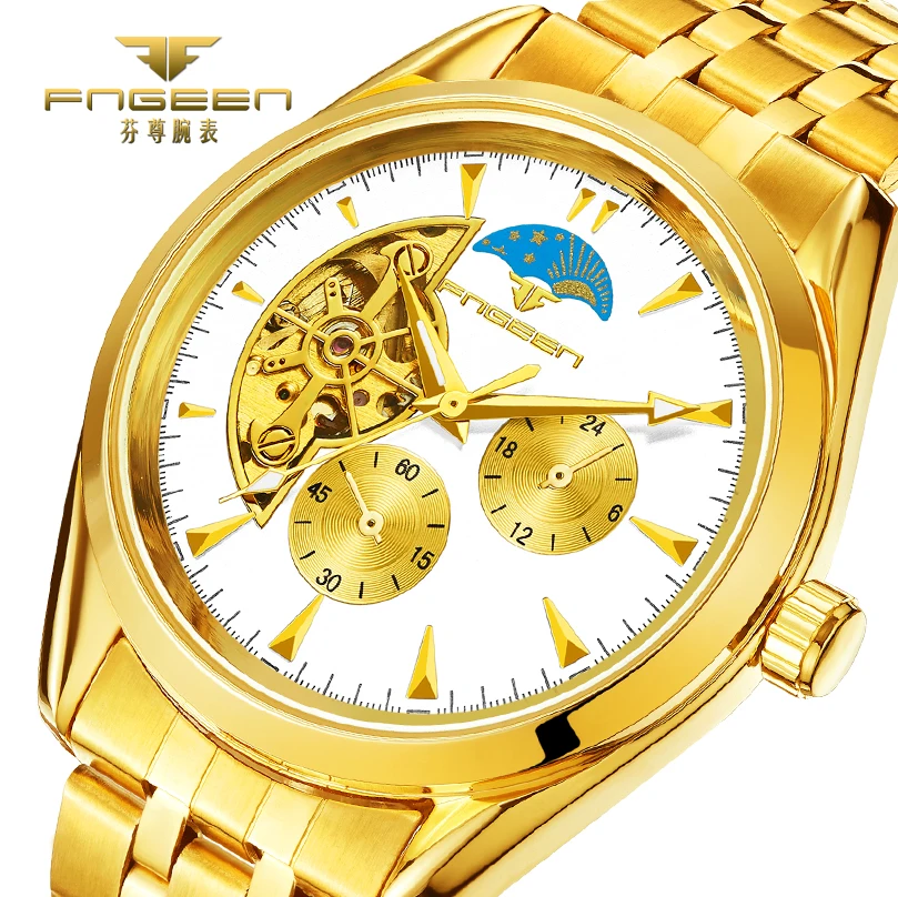 

FNGEEN Gold Mechanical Watch Men Business Waterproof Automatic Watch Male Clock Auto Date Luxury Diamond Men's Watch Watches