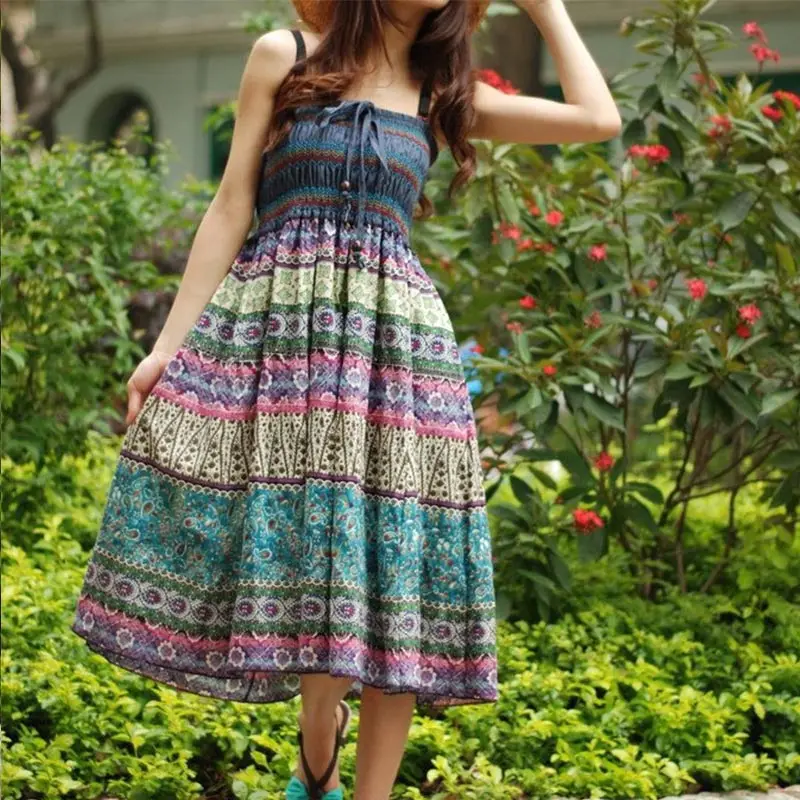 Boho Floral A-line Women's Maxi Skirt Elastic High Waist Sashes Vintage Pleated Womens Skirts 2020 Summer Fashion Clothes Female