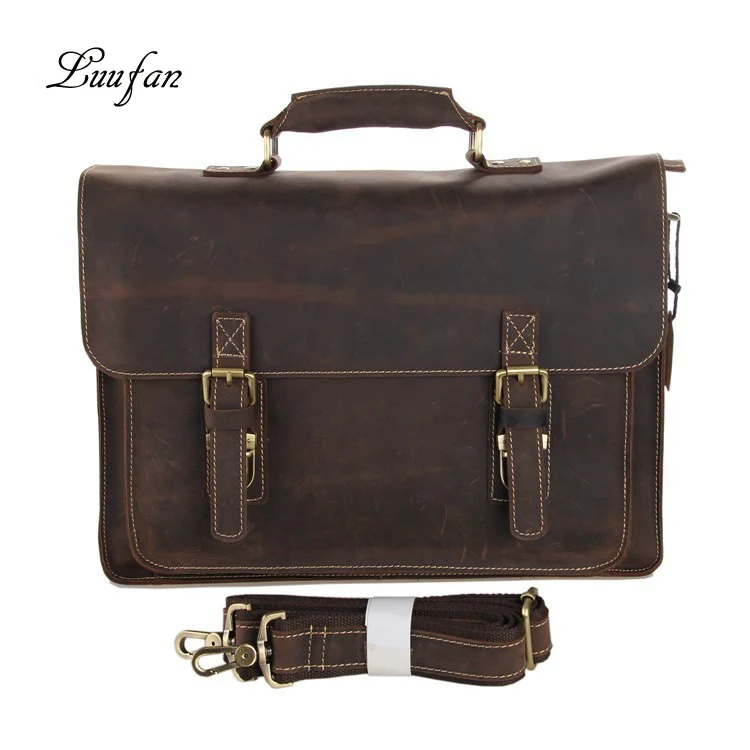 

Briefcase Large Capacity fit 15'' PC Crazy Horse Leather Durable Real Leather Interview Formal Vintage Files Books Man Trip