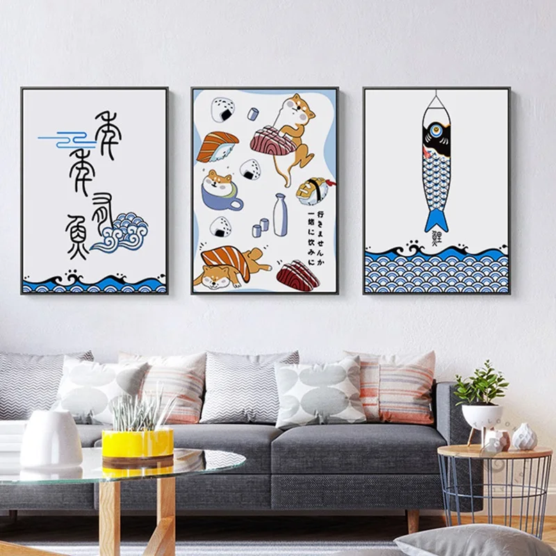 

Nordic Style Print Canvas Letter Poster Japanese Restaurant Decor Fish Puppy Poster Modular Painting Decor Home Wall Art Picture