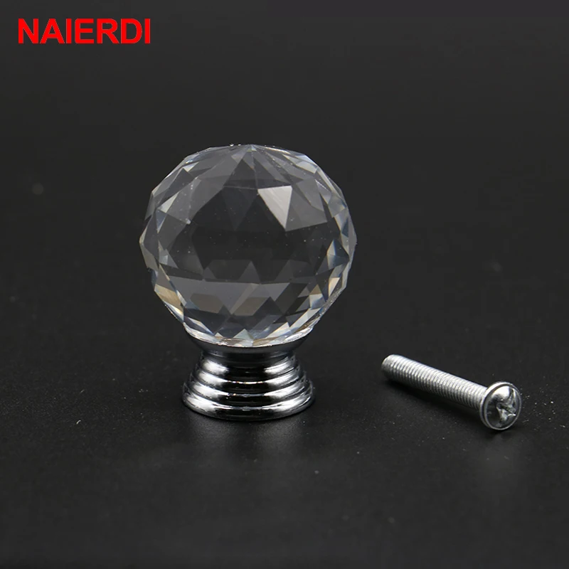 NAIERDI 20-30mm Crystal Handle Clear Crystal Glass Knob Cupboard Drawer Pull Kitchen Cabinet Wardrobe Handles Furniture Hardware