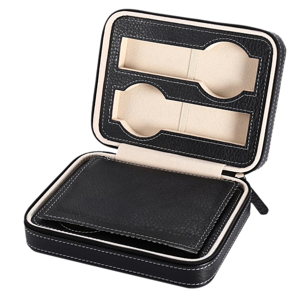 Black Zippered Watches Box Travel Case Watch Organizer Collection PU