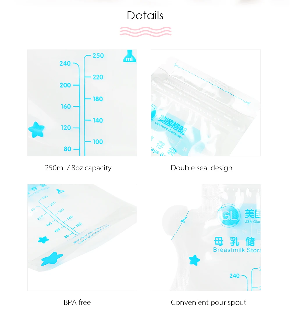 GL 96 шт детские пакеты для хранения грудного молока 250 мл с двойным уплотнением, сохраняющие свежесть грудного молока без бисфенола, CLCN-2 пакеты для морозильника грудного молока