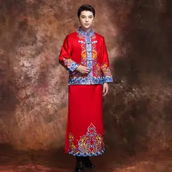 Китайский традиционный мужской вышивка Qipao изысканный для мужчин Жених брак костюм из 2 шт. классический свадебное платье Винтаж Cheongsam