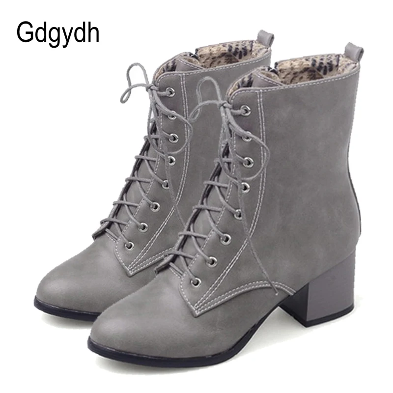 

Gdgydh 2018 Female Motorcycle Boots Lacing Round Toe Women Ankle Boots High Heels Autumn Platform Heels Ladies Casual Shoes