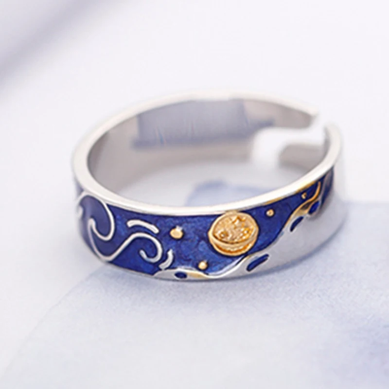 Ван Гог звездное небо пара голубая капля глазурь сладкий романтический 925 пробы Серебряное кольцо для влюбленных