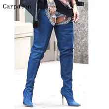 2017 New Style Trousers Boots Sexy Blue Denim Boots High Heels Shoes Woman Over Knee High Boots Fashion Thigh High Boots