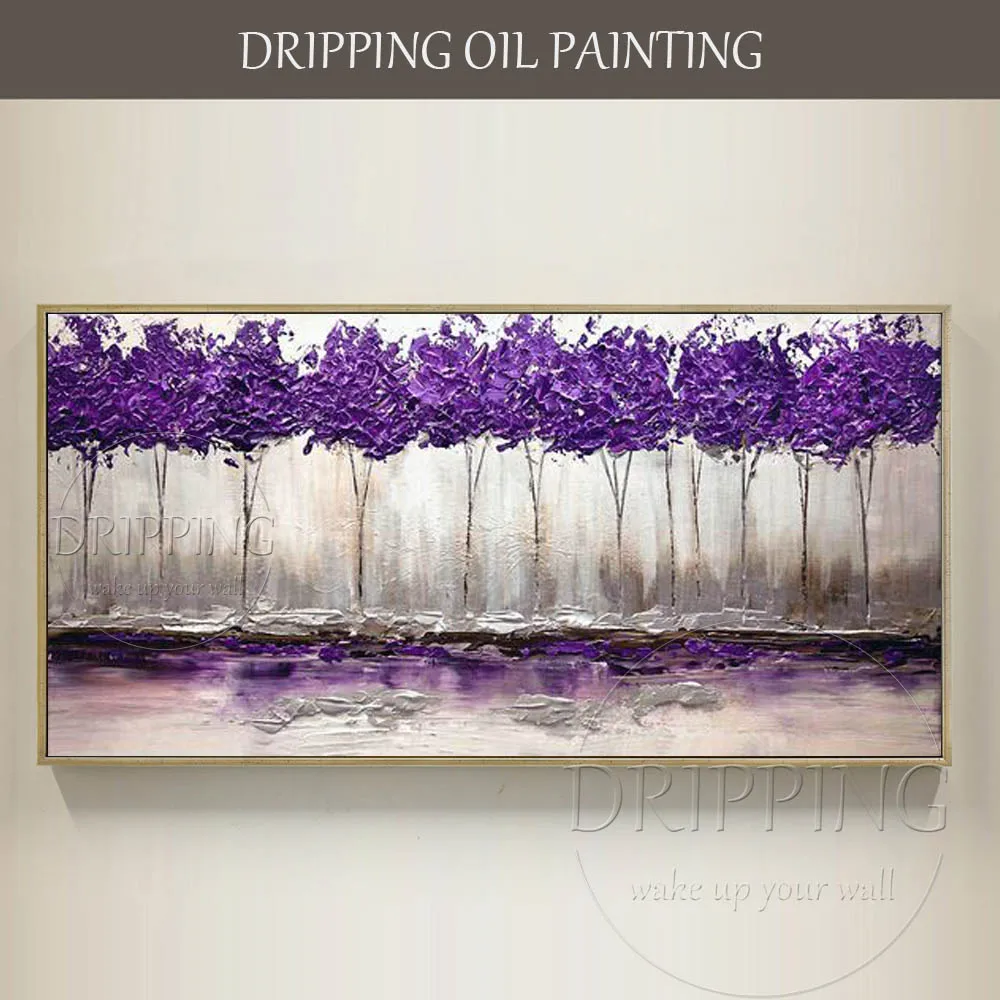 Настенная художественная живопись, ручная роспись, абстрактный фиолетовый пейзаж, масляная живопись на холсте, ручная работа, современные фиолетовые цветы, дерево, масляная живопись