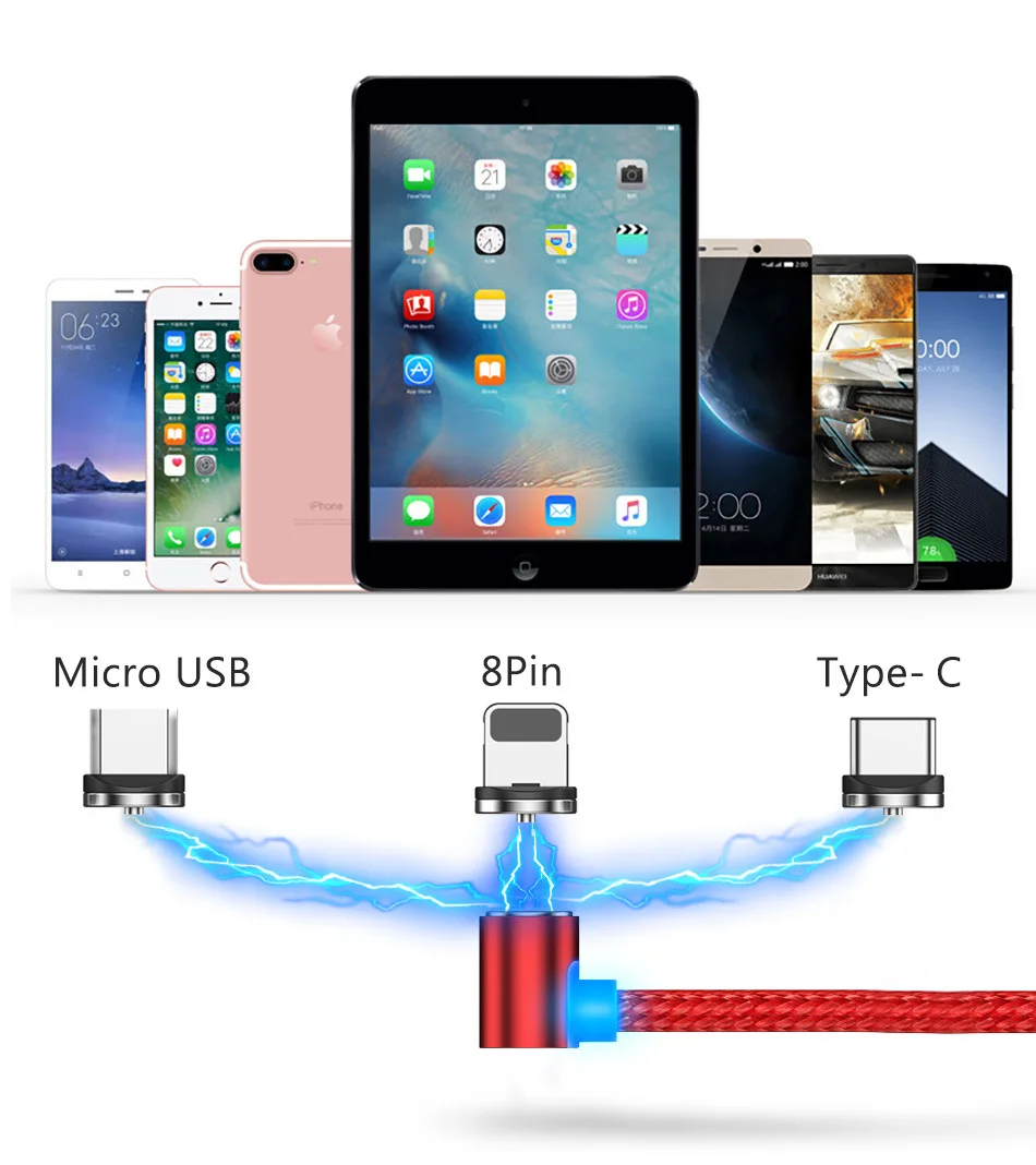 Магнитный зарядный кабель типа L, Micro usb type C, 8-контактный кабель для USB шнура для мобильного телефона, магнитное зарядное устройство на 90 градусов для iPhone X 8 7