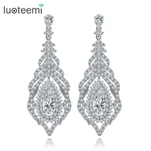 Luoteemi роскошные микро проложить кубического циркония длинные Перо Серьги для Для женщин высокое качество роскошные модные вечерние свадебные украшения