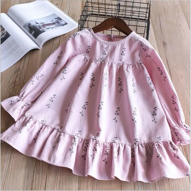 

Spring autumn Girls Dress long sleeve pink Printing Ruffles cotton Toddler baby clothes long Sleeve Princess kids clothing