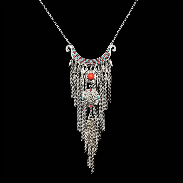 Богемное винтажное серебряное ожерелье с кулоном в виде цветка из бисера, длинные ожерелья с кисточкой из цепочки, Этнические женские ювелирные изделия в этническом стиле
