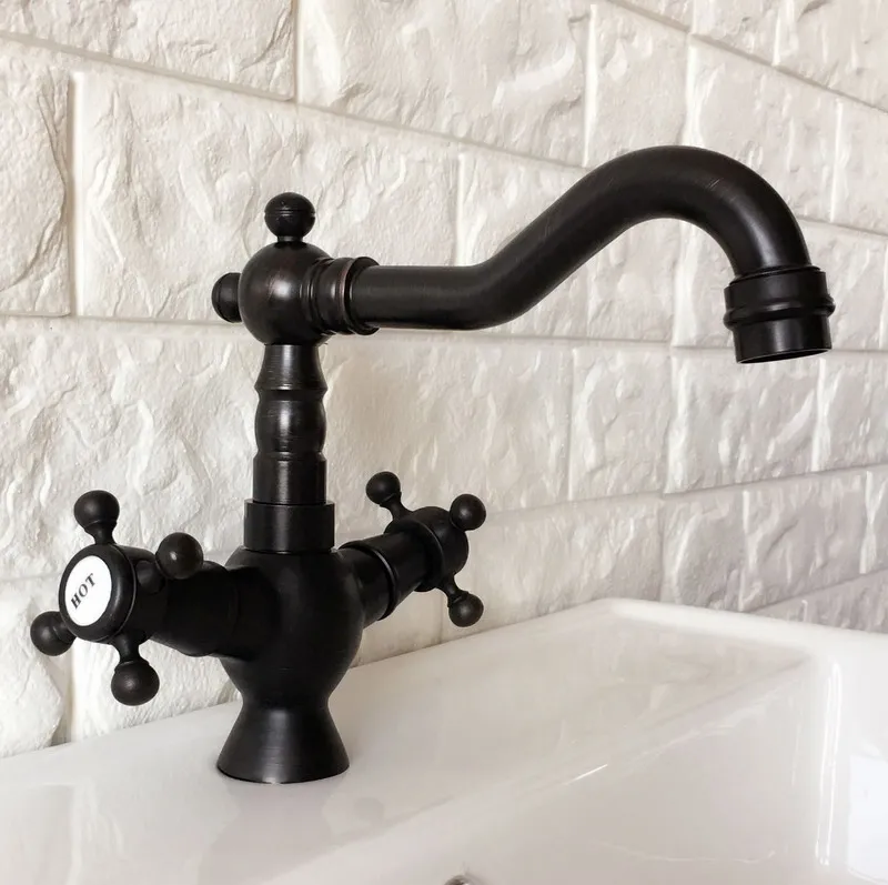 

Black Oil Rubbed Brass Dual Cross Handles One Hole Bathroom Kitchen Basin Sink Faucet Mixer Tap Swivel Spout Deck Mounted mnf362