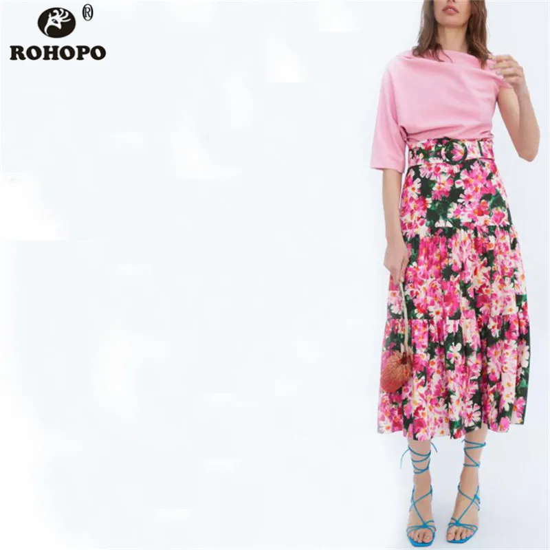 

ROHOPO Floral Printed Cake Multiways Skirt Pleated High Waist Sashes Vintage Ladies Accordion Printed Midi Skirts
