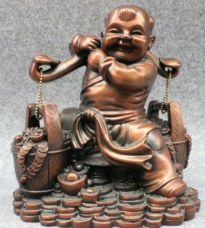 

621++9" Folk Chinese Pure Bronze Wealth Happy Kid Child Shoulder Barrel Bucket Statue