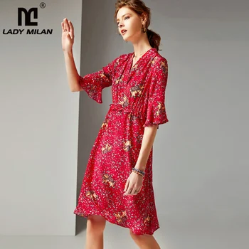 

2019 Women's 100% Silk Runway Dresses V Neck Half Sleeves Ruffles Animals Printed Elegant Casual Dresses