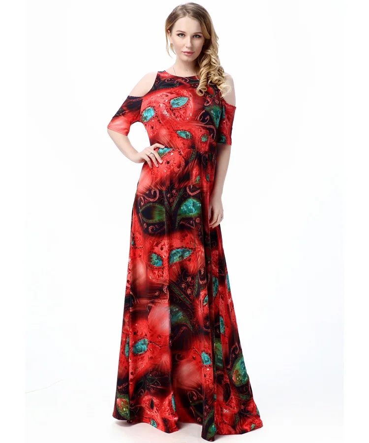 

TUHAO Bohemian Red Dress Strapless Shoulder Sexy Print High Waist Maxi Long Dresses Plus Size 6XL 7XL Vintage Party Robes CM363