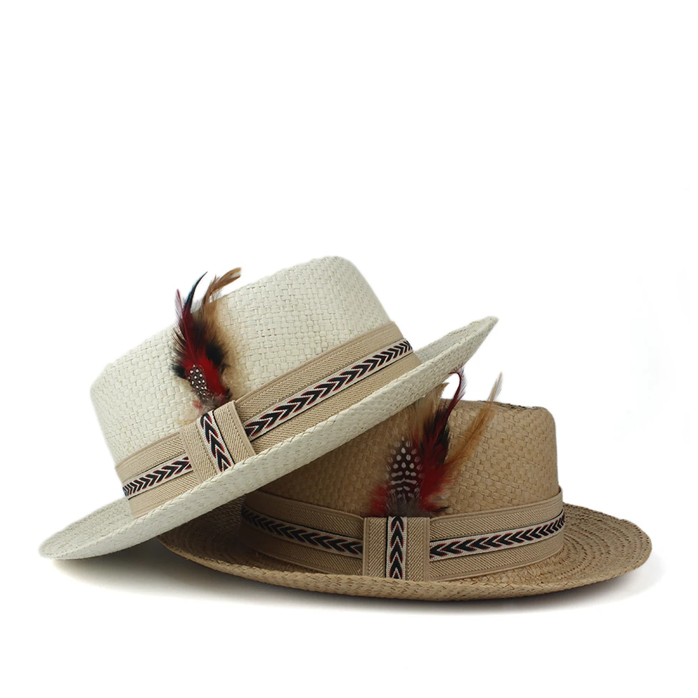 Летние соломенные из пальмового волокна шляпа-пирожок Womem Мужская Солнцезащитная шляпа Женская плоская перо пляжная Панама Sunhat чародейная шляпа
