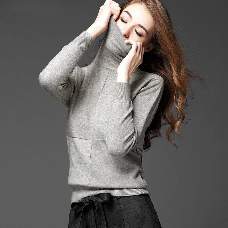Women Turtleneck Sweaters 2017 New Autumn Slim Solid Knitted Pullover Elegant Ladies Basic Plus Size Black White Pull Sweater | Женская