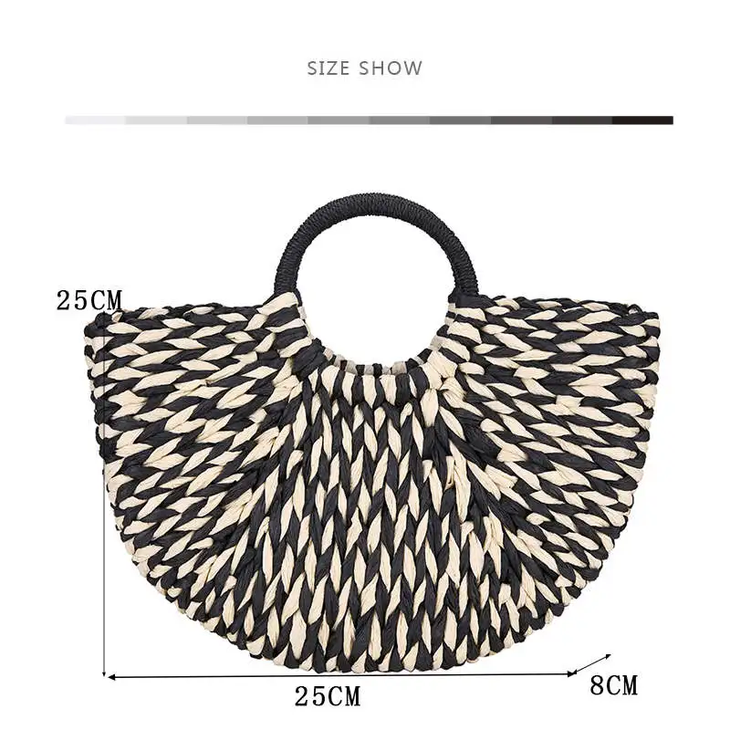 جديد البوهيمي بالي باليد المنسوجة كيس الروطان شبه دائرية النساء حقائب أعلى-حقائب بيد الأزياء عالية قدرة الشاطئ القش حقيبة الكيس