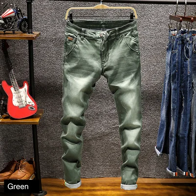 Новые модные мужские джинсы облегающие эластичные узкие брюки цвета хаки, синий, зеленый, хлопковые брендовые классические джинсы мужские узкие джинсы - Цвет: Зеленый