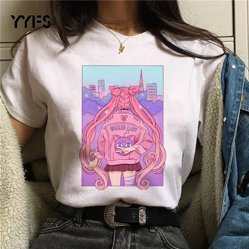 

YYFS Sailor Moon Summer New T Shirt Women 100% Polyester Harajuku Short Sleeve Fun Ulzzang T-Shirt Cute Tops Cartoon Tees Female