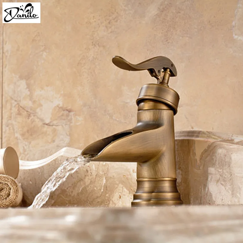 Classical All copper Single Handle Waterfall Bathroom Basin Sink Faucet Open Spout musluk  Antique Brass Vanity Mixer Tap