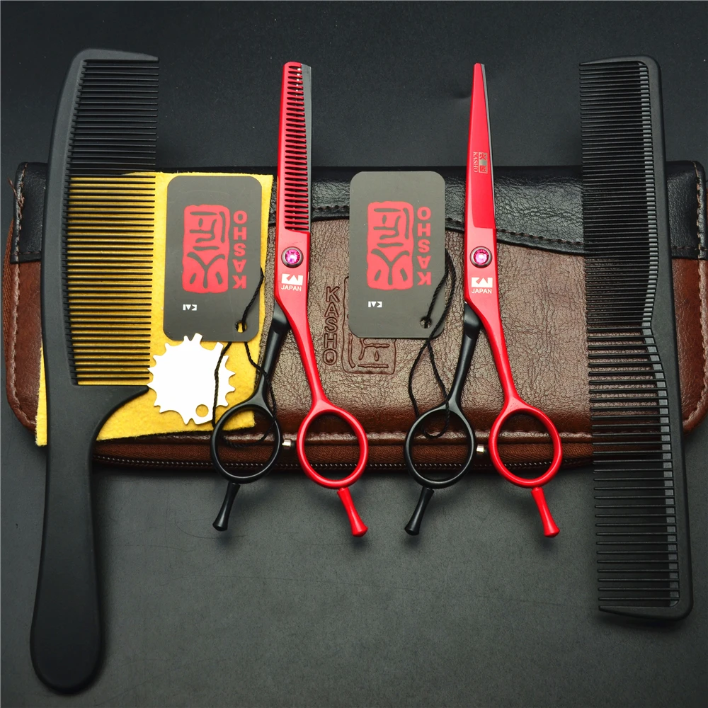 

4Pcs/Set 5.5 Inch Red Japan Kasho Professional Human Hair Scissors Hairdressing Cutting Shears + Thinning Scissors + Combs H1012