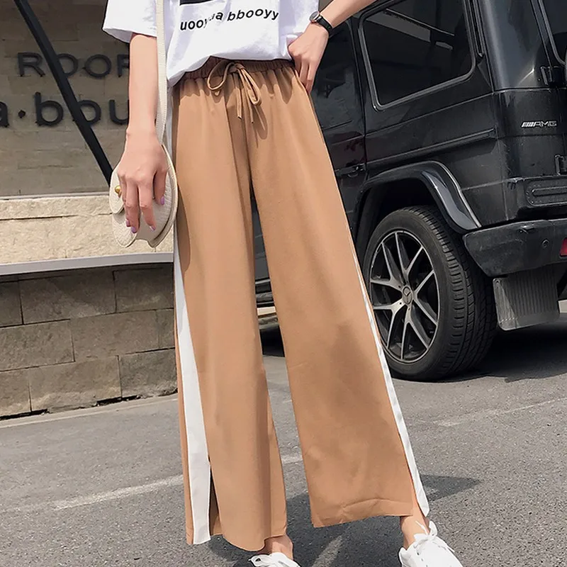 

Elastic Waist Drawstring Sweatpants Women Casual Wide Leg Pants Loose Trousers Women Black Striped Side Split Female Plus Size