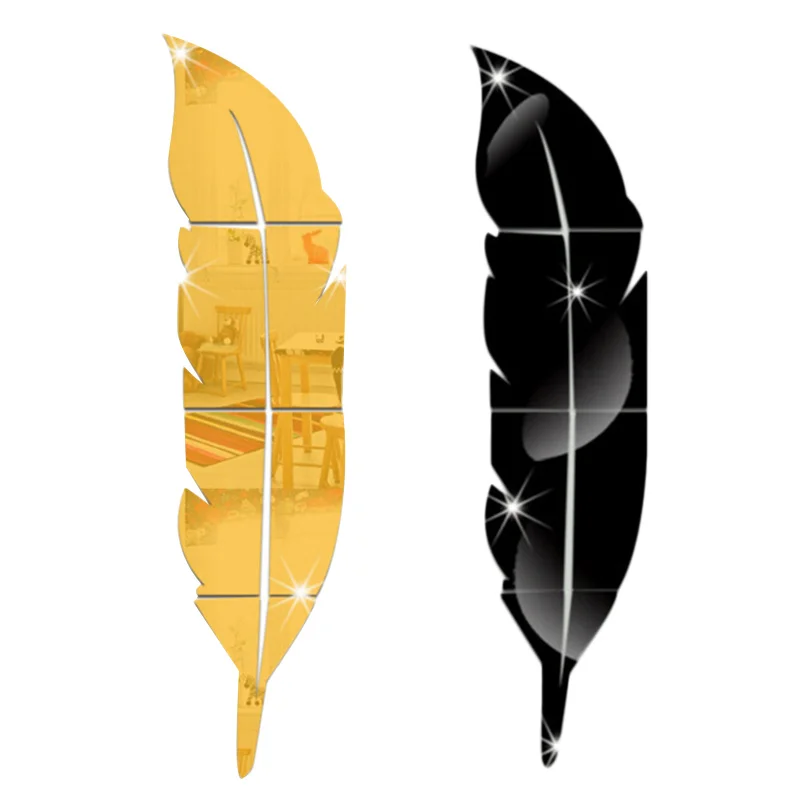 

Mirror Wall Sticker Gold/Black Feather Acrylic Home Living Room Mural Decal Art Home Deco Wall Decoration