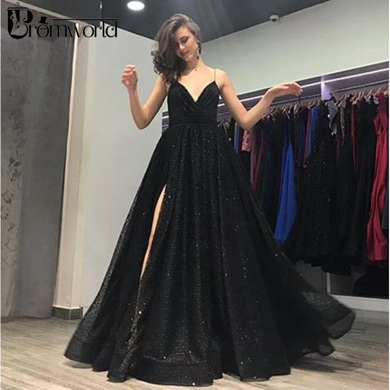 Black Prom Dresses Ball Gown Backless Sequined Slit V-Neck Spaghetti Straps Long Prom Gown Real Image Evening Dresses