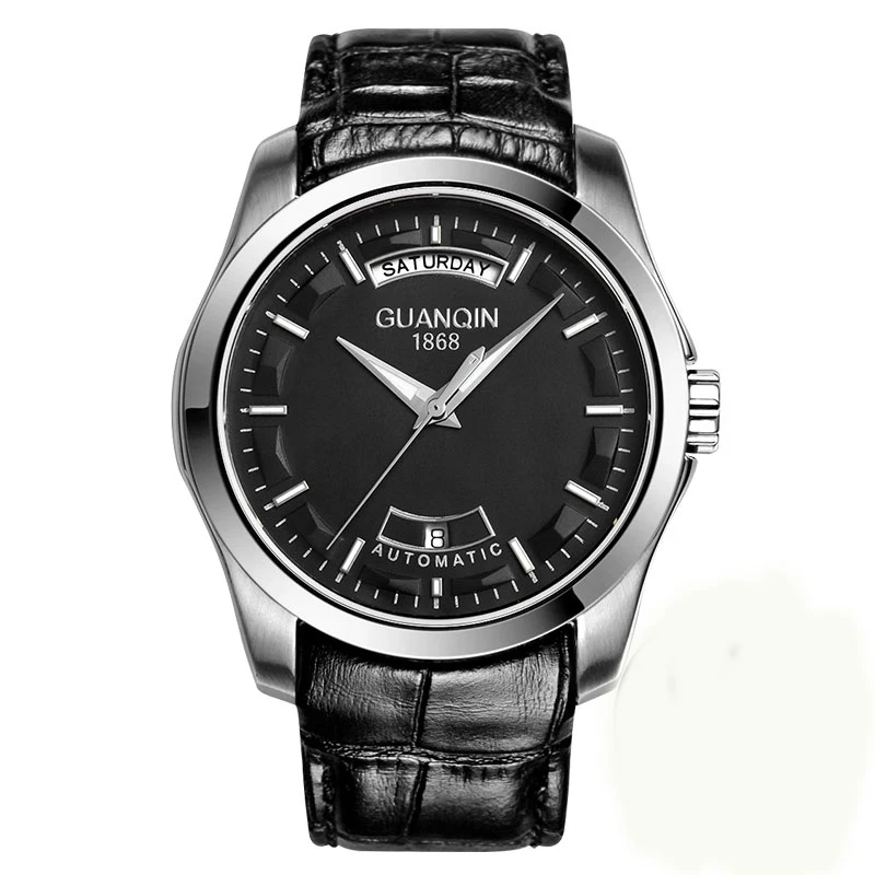 

GUANQIN GJ16027 Men Auto Mechanical Watch Calendar Luminous Pointer Display Water Resistant Transparent Back Cover Wristwatch
