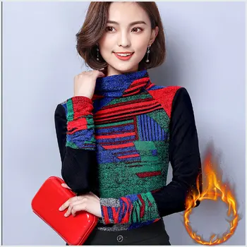 

Warm Fluff Pullovers Sweater Turtleneck 2018 Fashion Sweater Autumn Winter Women Contrast Color Soft Printed Sweaters Female