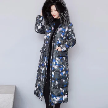 

Women jackets 2018 Fur collar Hooded Jacket for women Padded Down Cotton Print X-Long Parka Winter Coat Clothing Plus size