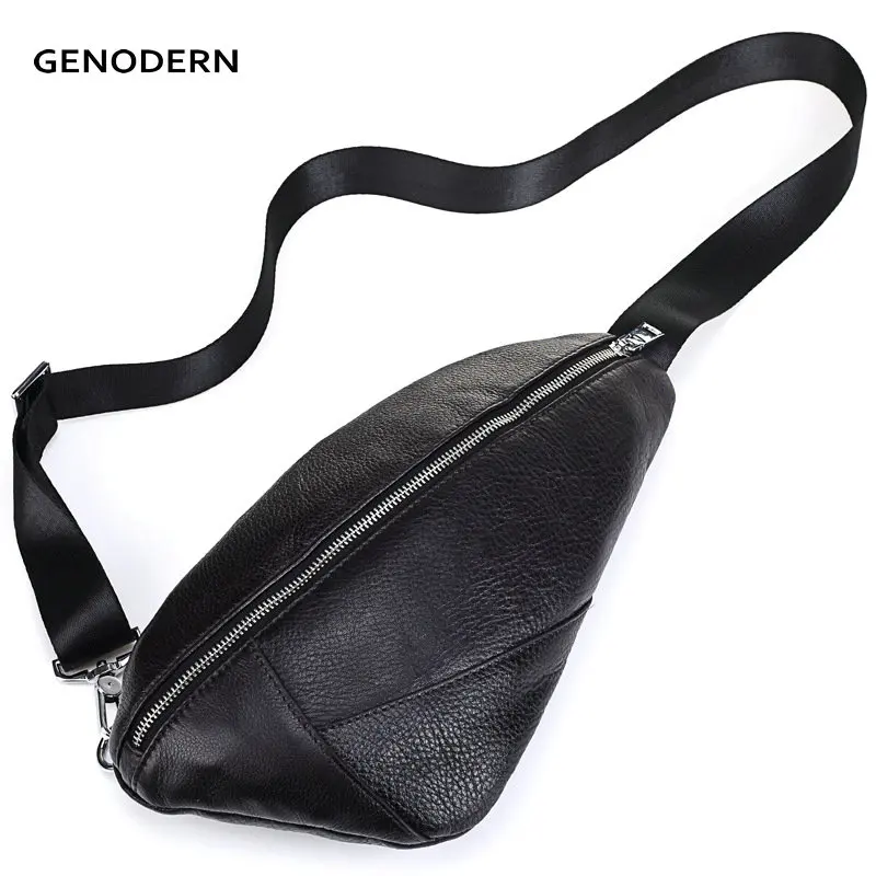 

GENODERN Fashion Men's Chest Bags Genuine Leather Crossboday Chest Packs Slim Zipper Sling Bags Male Messenger Bags