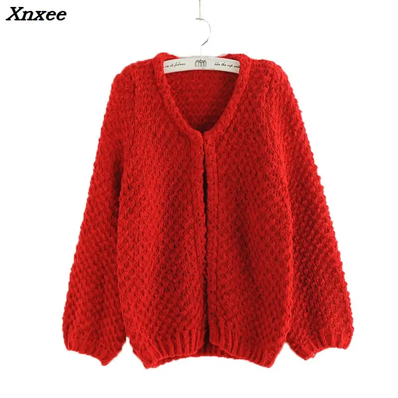 Autumn winter New Women Korean short Cardigan Crochet Casual Oversized Knitted Coat bat sleeve Thick Cardigan sweater Xnxee