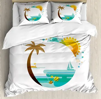 

Beach Duvet Cover Set Tropical Paradise Summer Season Palm Tree Silhouette with Fish and Sun Decorative 4 Piece Bedding Set