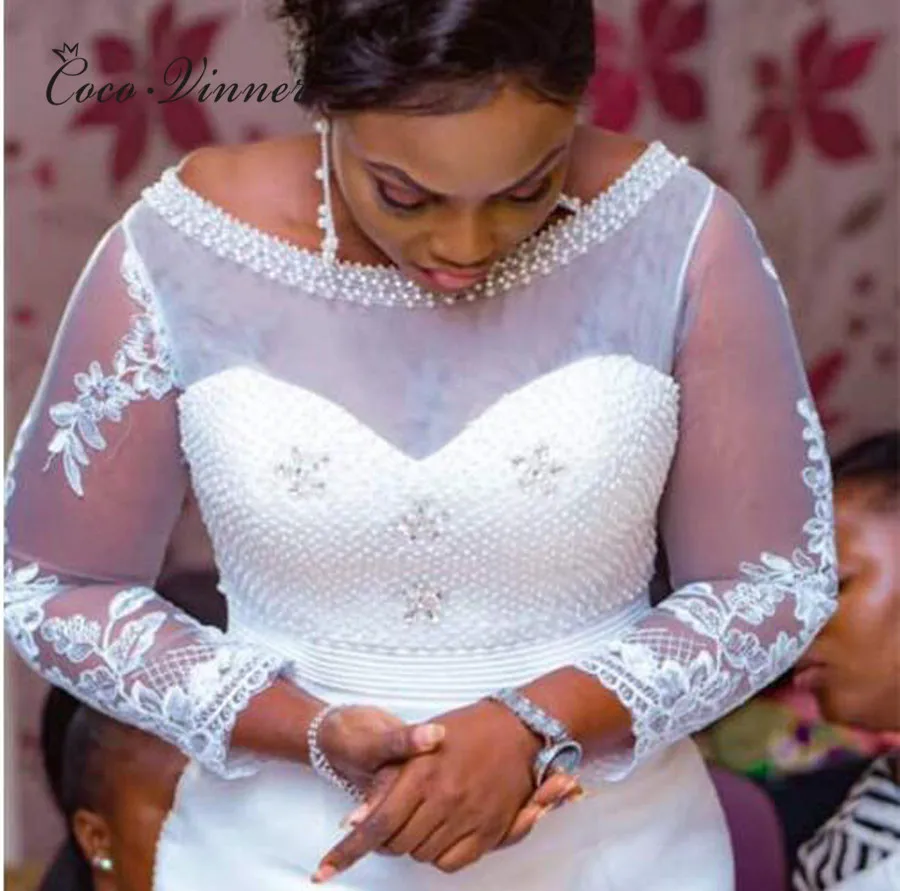 Sheer Neck Illusion Long Sleeve Mermaid Wedding Dress Africa New Heave Pearls Beading Elegant Simple Wedding Dresses W0373
