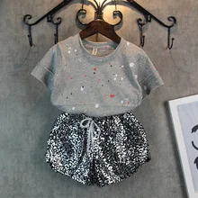 New Kids Summer Fashion Children Clothing Baby Girl Clothes Paint Point Short Sleeves + Leopard Pants Suit Grils Student Clothes