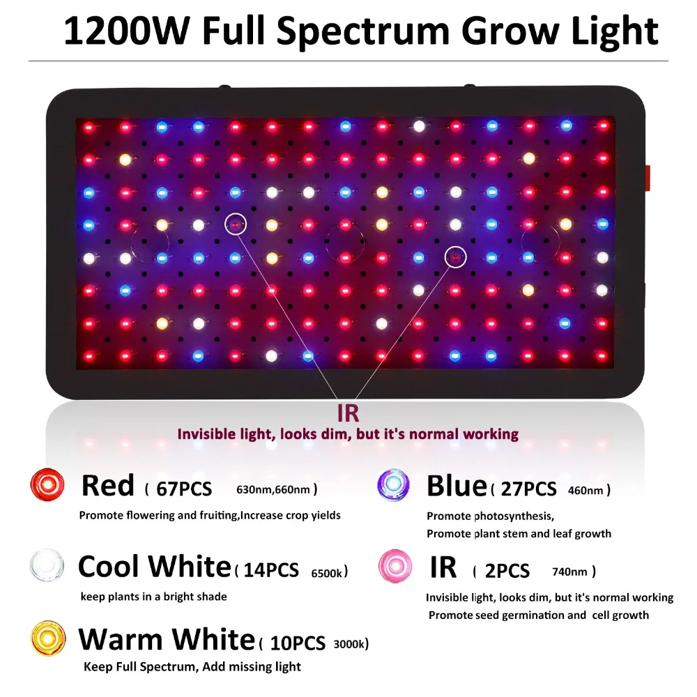 Phlizon 600 Вт 900 W 1200 W LED растущий свет для растений полный спектр двойной переключатель для комнатных цветов роста аквариум