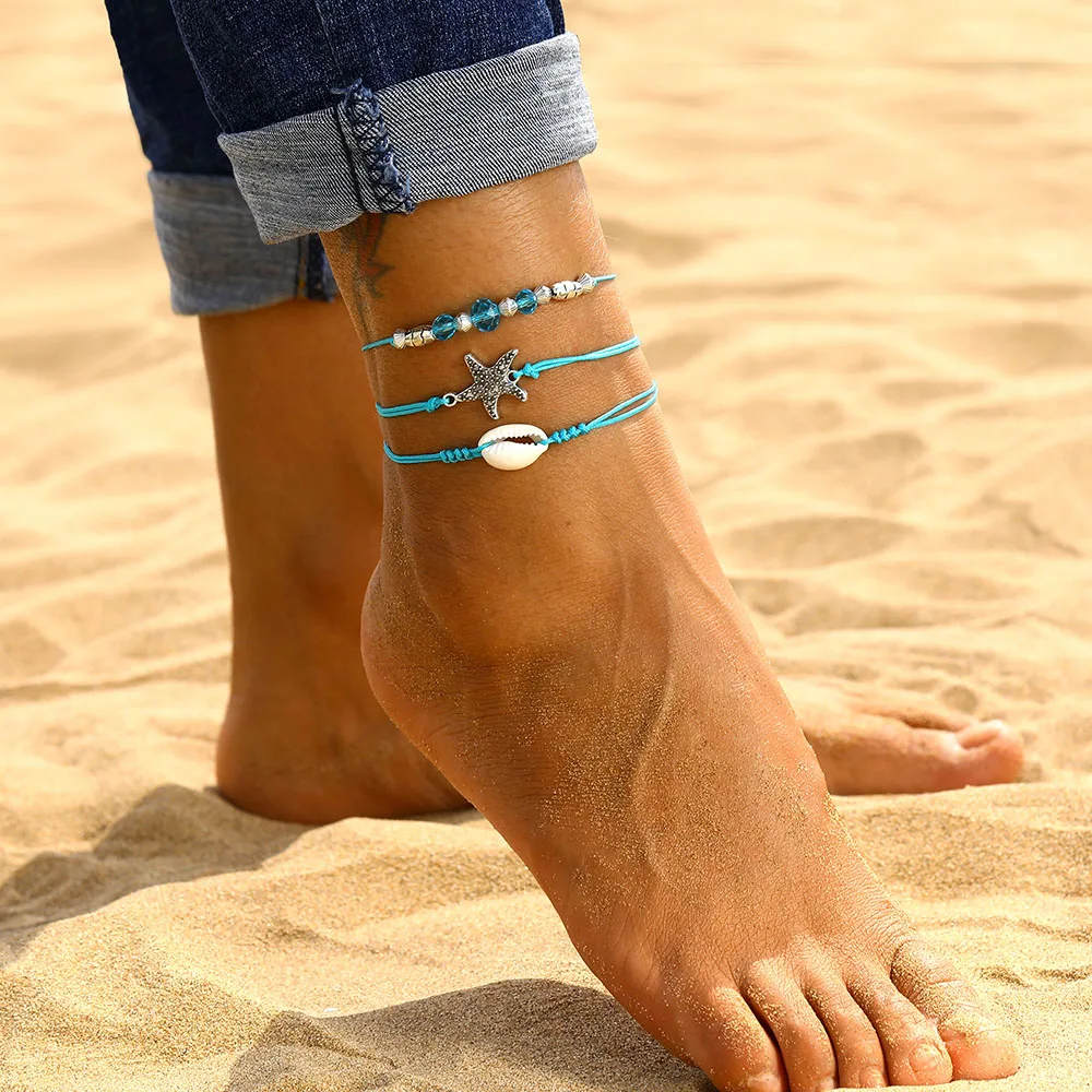 Богемные Starfish бисерные браслеты Набор для женщин винтажный ручной работы Плетение ножной браслет на ногу ремешок на лодыжке Летняя Пляжная бижутерия для ног