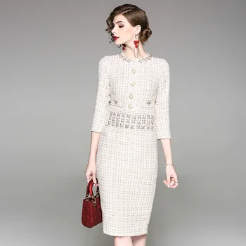 

2020 Spring Autumn Winter Women's Fashion Slim O-Neck Single Breasted Three Quarter Sequins Straight Dress Rhinestone Dresses
