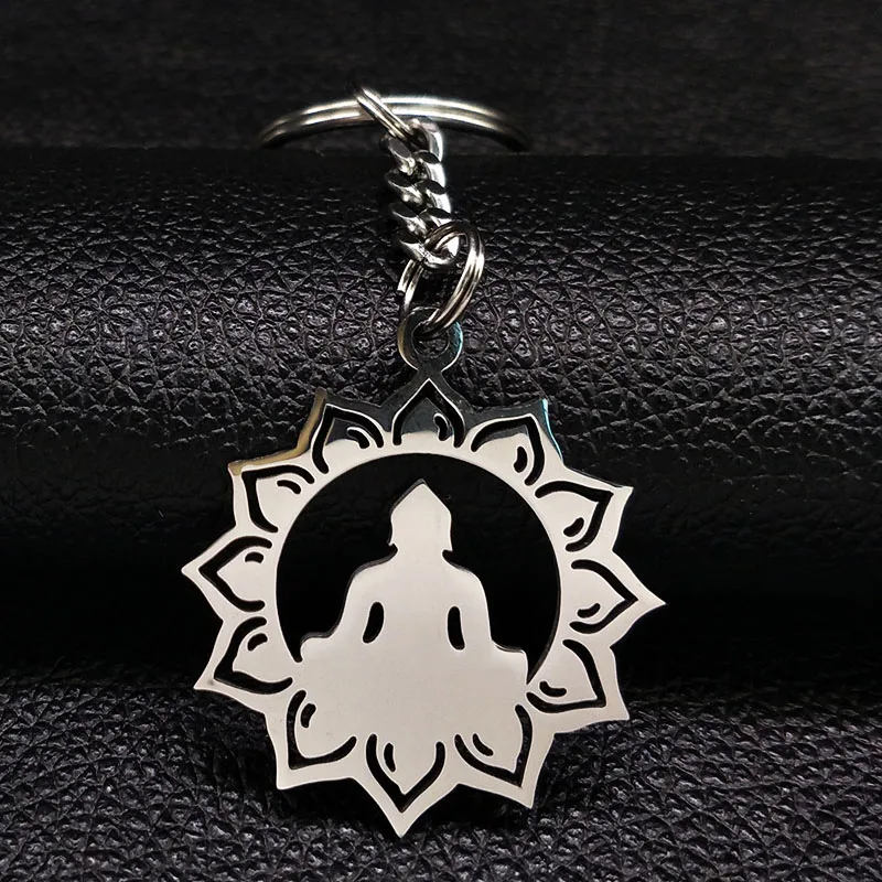 Модные брелки из нержавеющей стали в виде Будды лотоса для женщин, серебряные брелки для ключей, ювелирные изделия K77438B