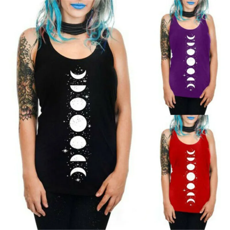 

New Summer Lady Sleeveless Casual Moon Print Stretchy Vest Top Strap Gym Cami Plus Sizes M-3XL