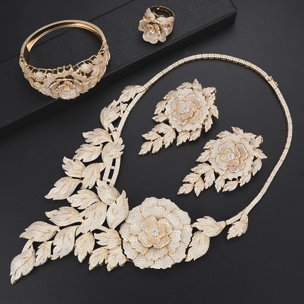 

missvikki Chinese Style Luxury Valuable Peony Flowers Jewelry Set Big Necklace Bangle Earrings Ring For Bridal Wedding Party