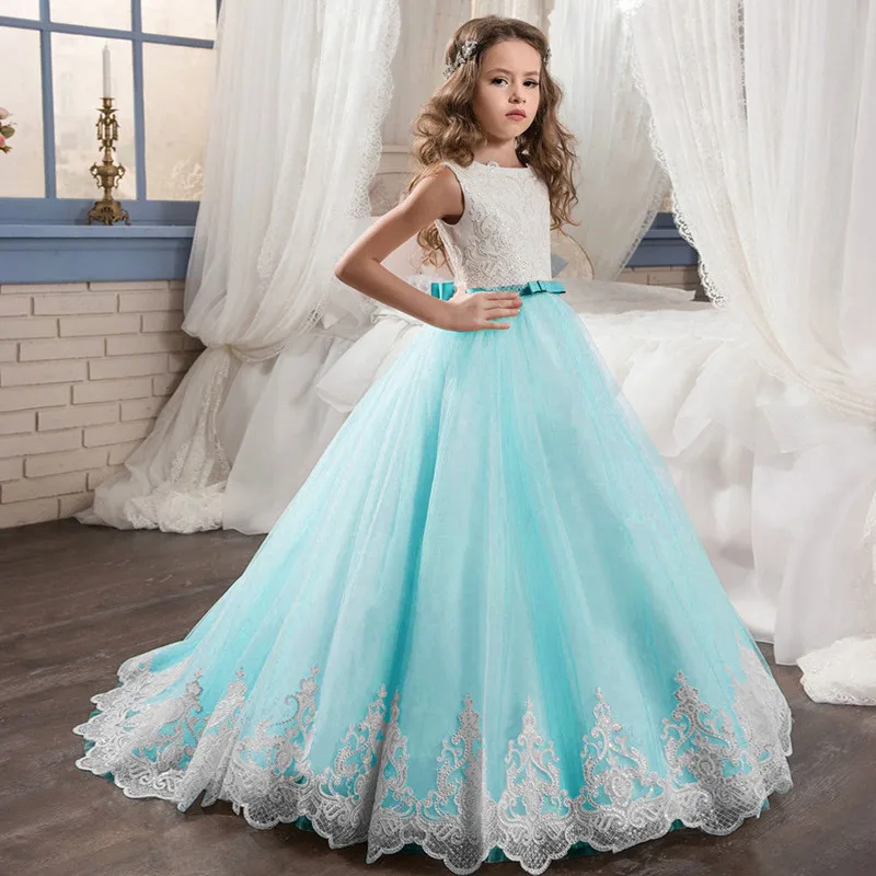 

Elegant Flower Girl Dresses Lace Applique O-Neck Sleeveless Girl For Dresses First Holy Communion Wedding Party Dresses