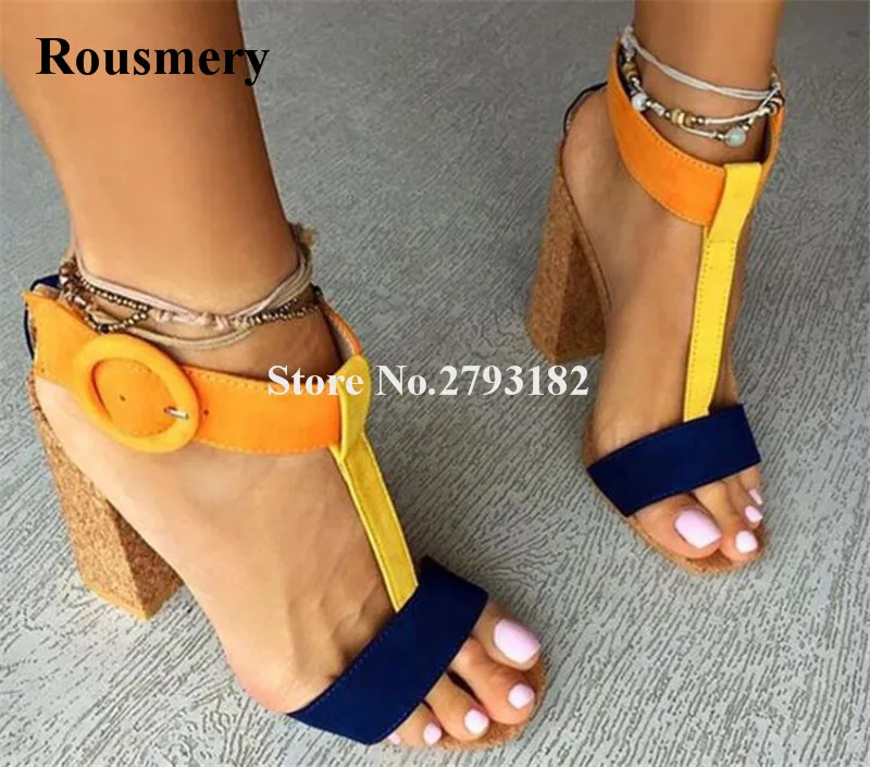

New Fashion Women Open Toe Patchwork Color Suede Leather Chunky Heel Sandals T-strap Thick High Heel Sandals Ankle Strap Shoes