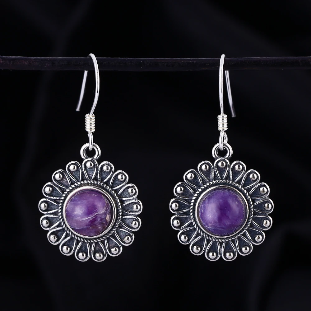 Nasiya модный винтажный стиль Природный чароит бусины драгоценный камень для женщин серьги ювелирные изделия из стерлингового серебра свадебный подарок